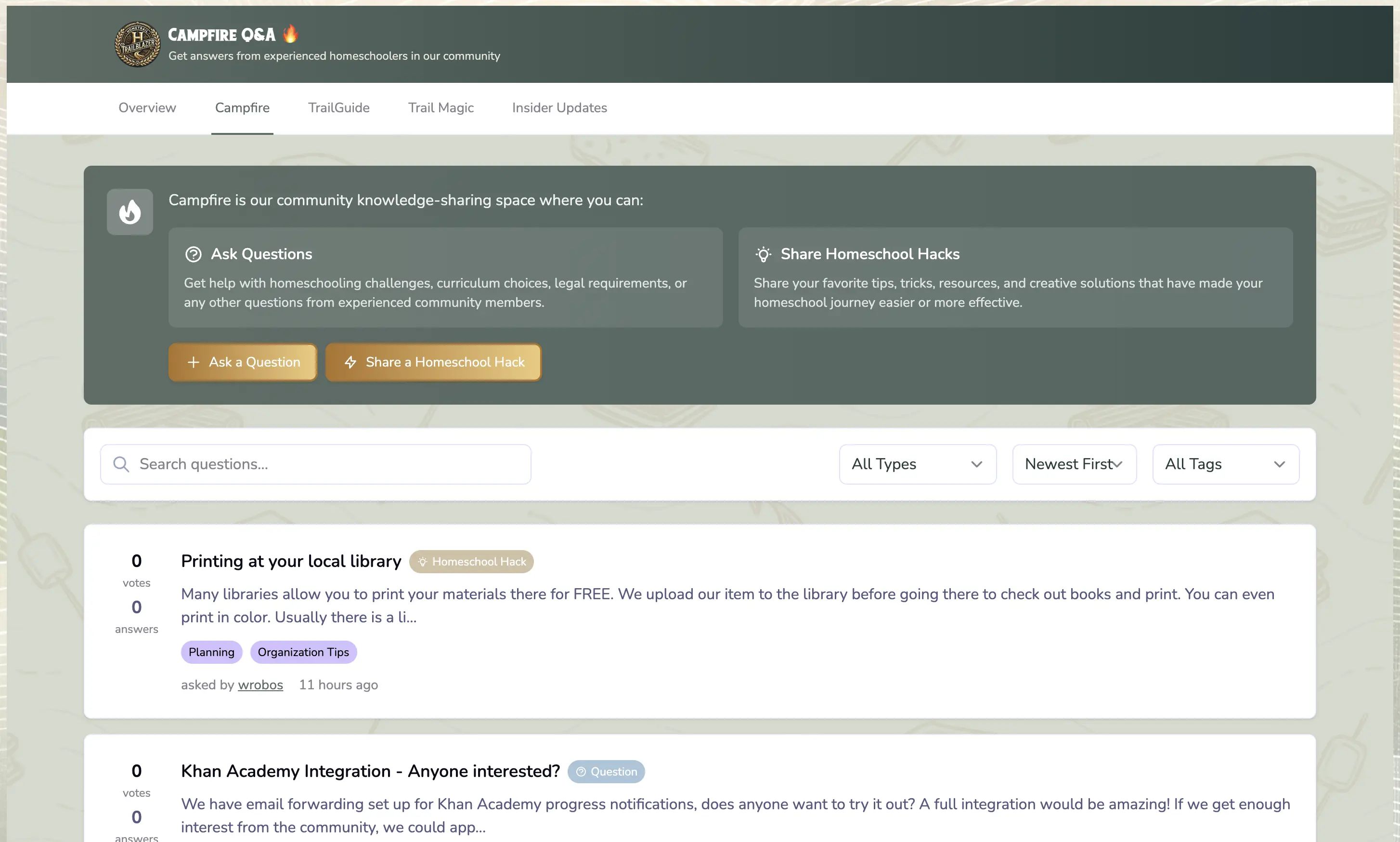 Campfire community interface showing recent questions like 'How do you handle math anxiety in middle school?' with thoughtful responses from fellow homeschooling families, plus homeschool hack shares like 'Kitchen chemistry experiments that actually work'