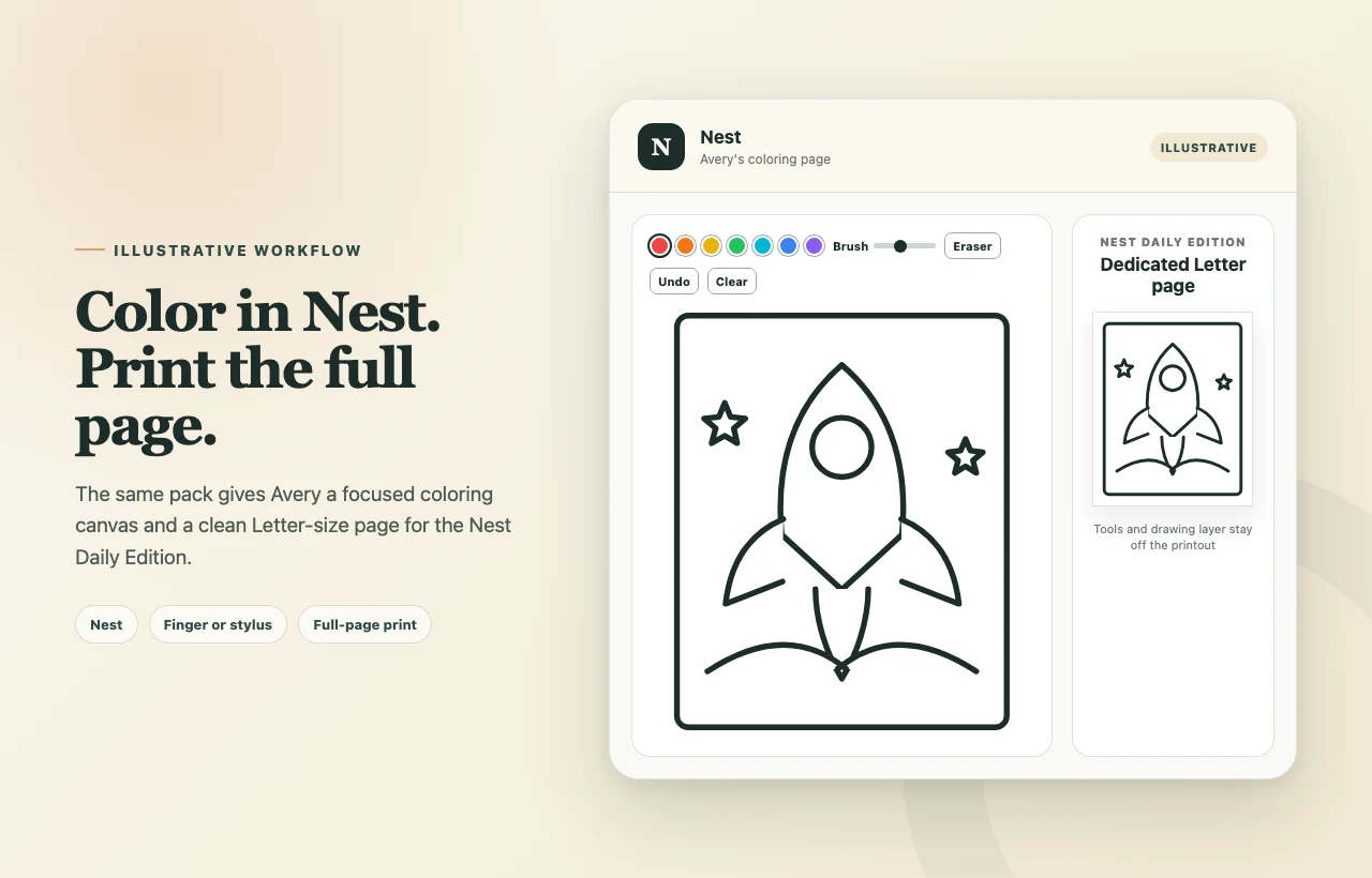 Illustrative Nest coloring page with color, brush, eraser, undo, and clear controls beside a full-page print preview