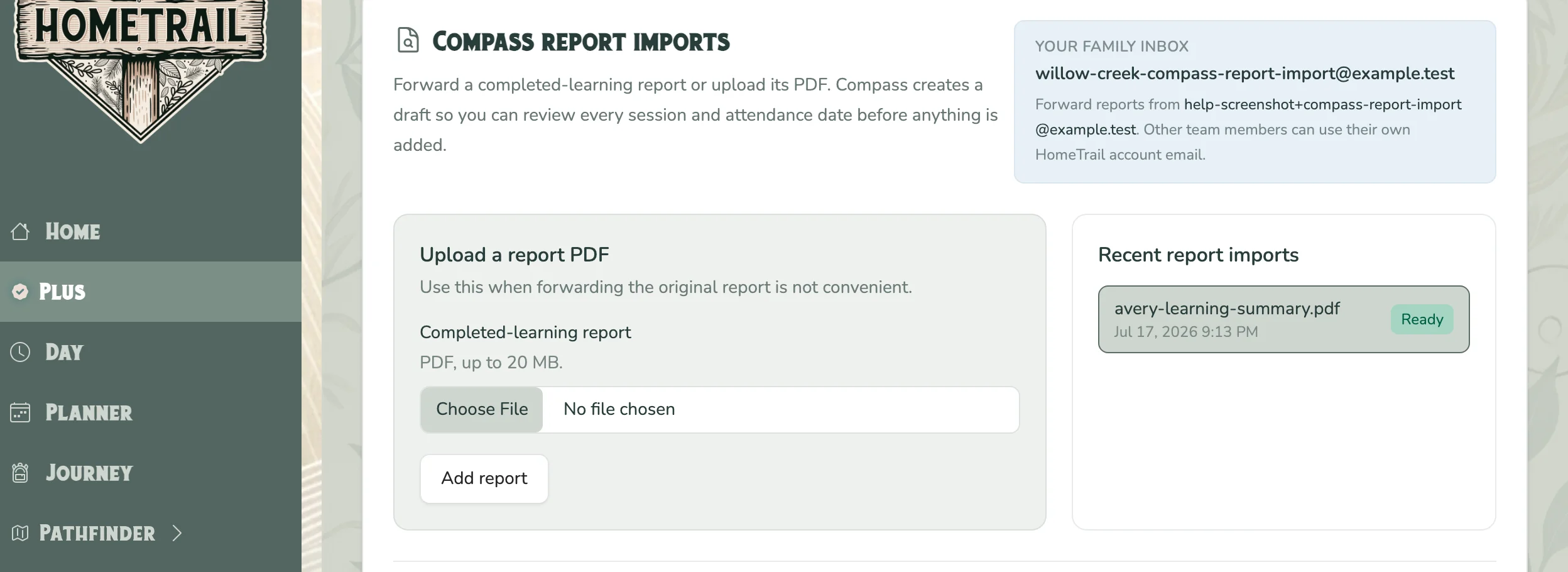 Compass report imports with the family inbox and PDF upload form
