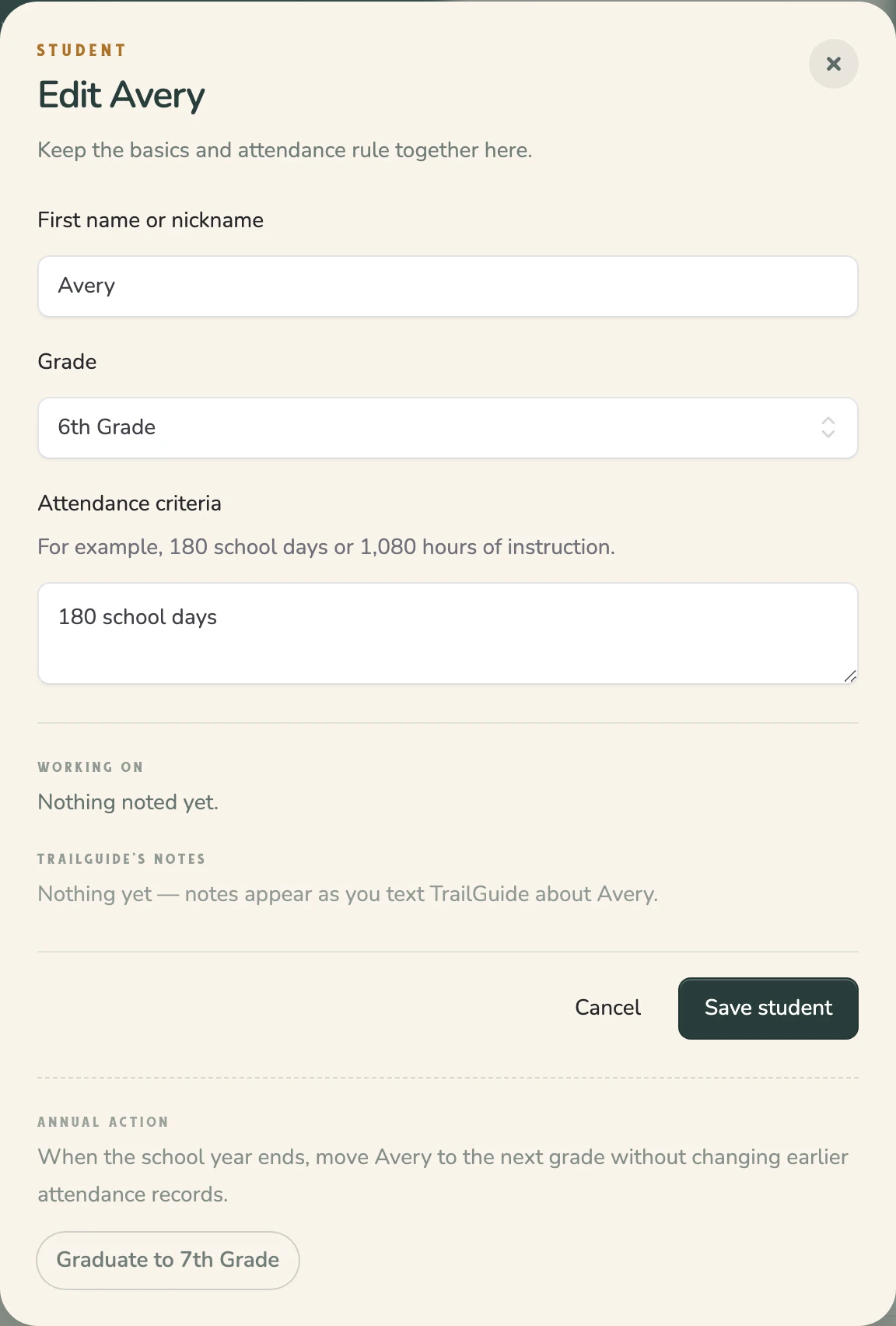Student details on Home showing the Annual action section with a Graduate to 7th Grade button