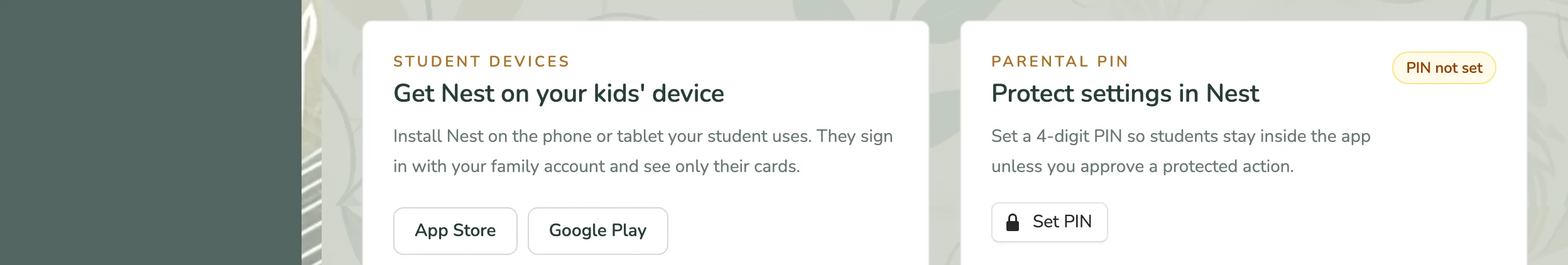 The Nest tab in Plus, where you enable Nest, set a parental PIN, and find the app download buttons