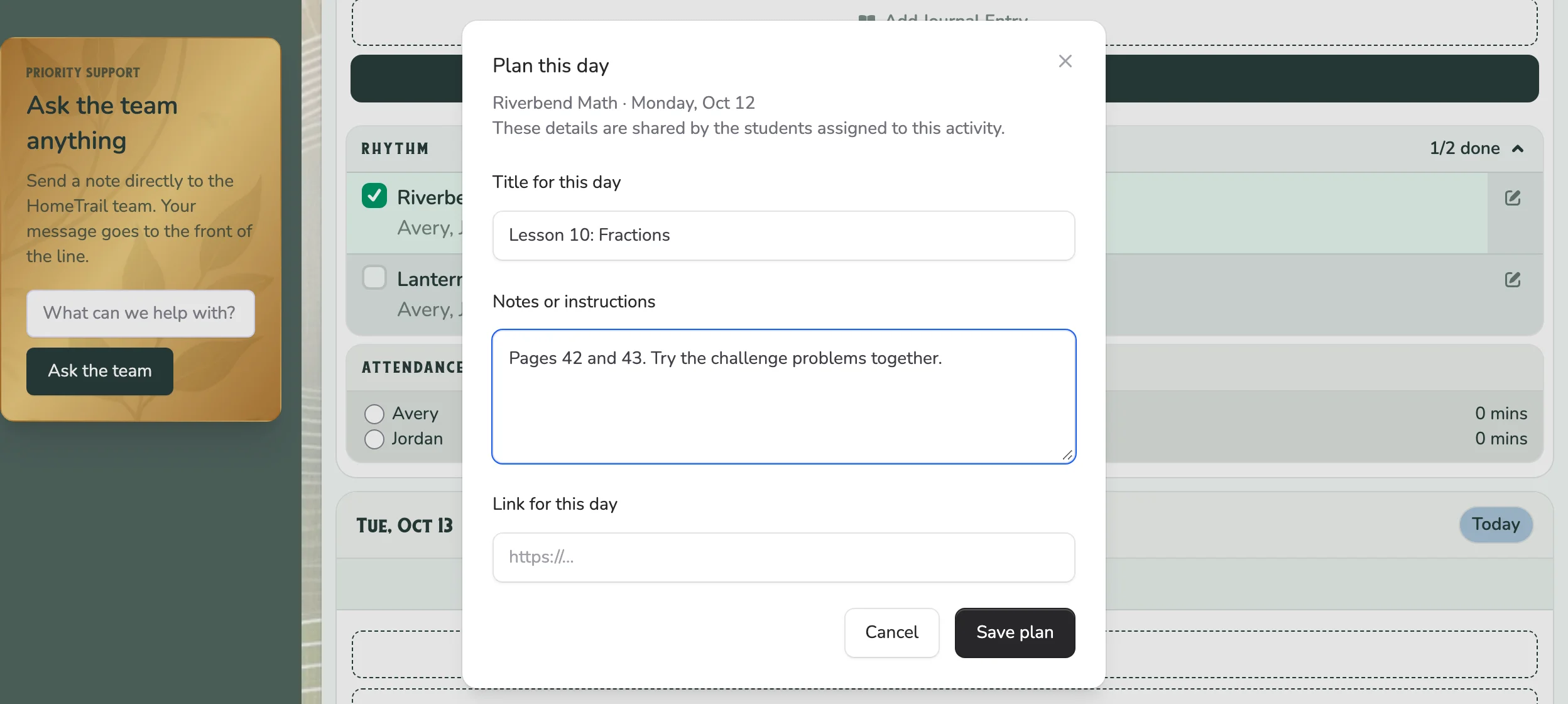 The Plan this day window with a lesson title and notes for one Rhythm day