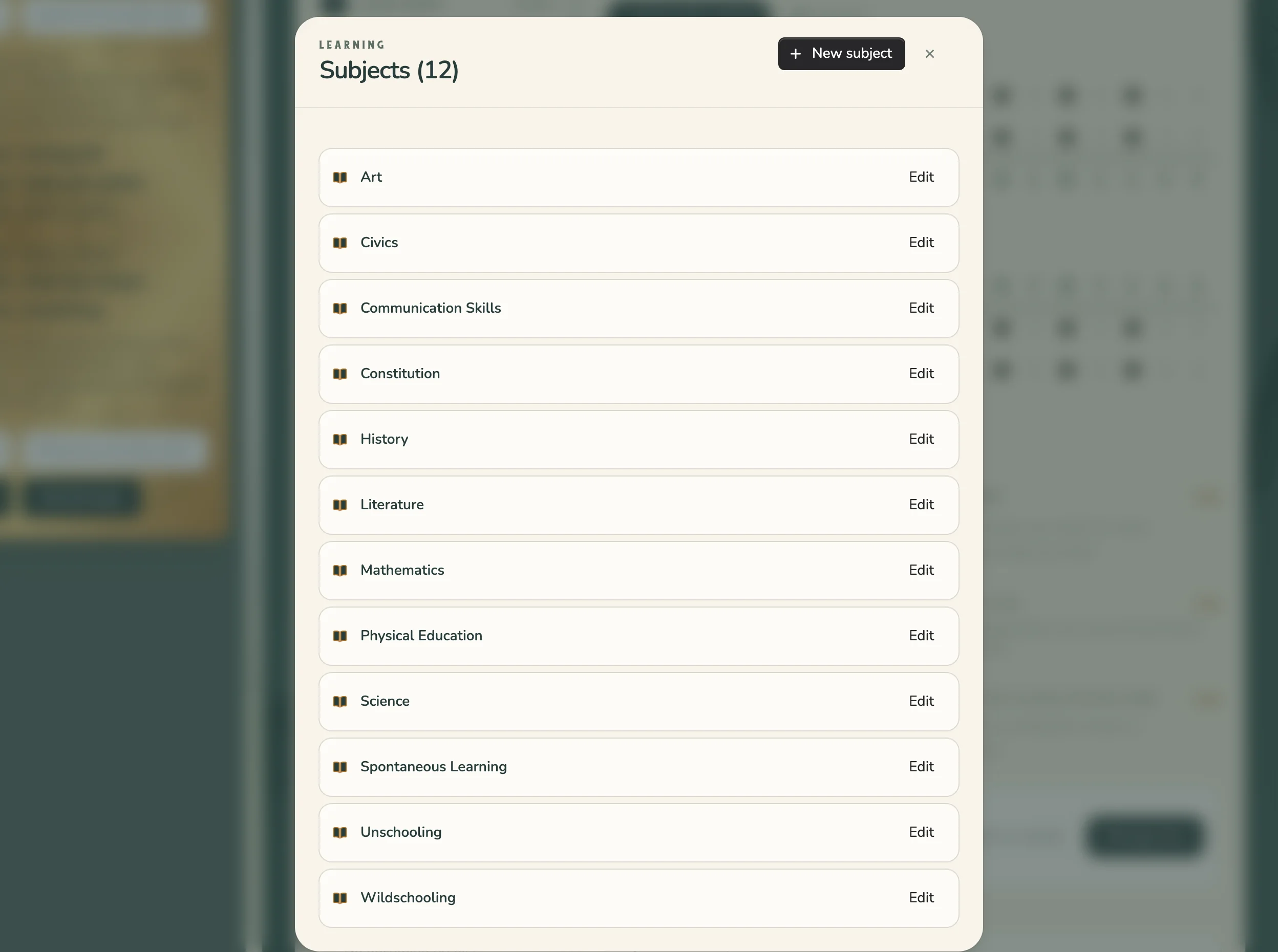 The Subjects list on Home, with New subject and Edit buttons
