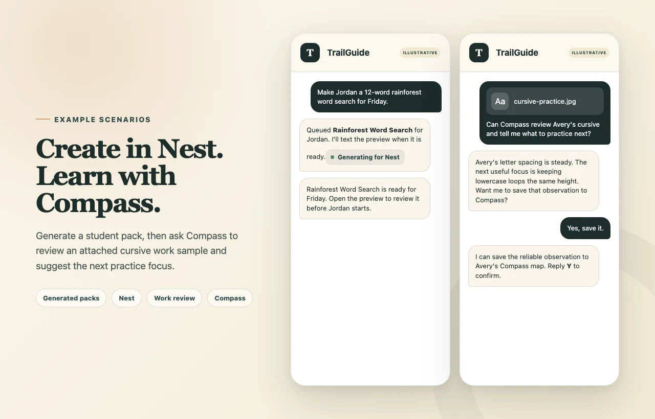 Illustrative TrailGuide conversations showing a generated Nest pack and a Compass review of attached student work