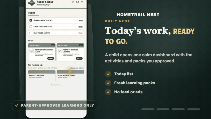 Animated Nest walkthrough showing a child dashboard with approved activities and learning packs.