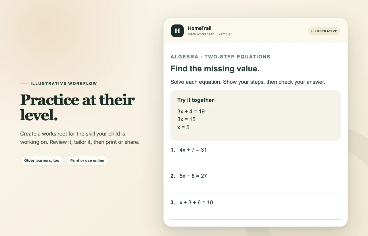 Practice at their level, including algebra for older learners. Review, tailor, then print or share. Illustrative example.