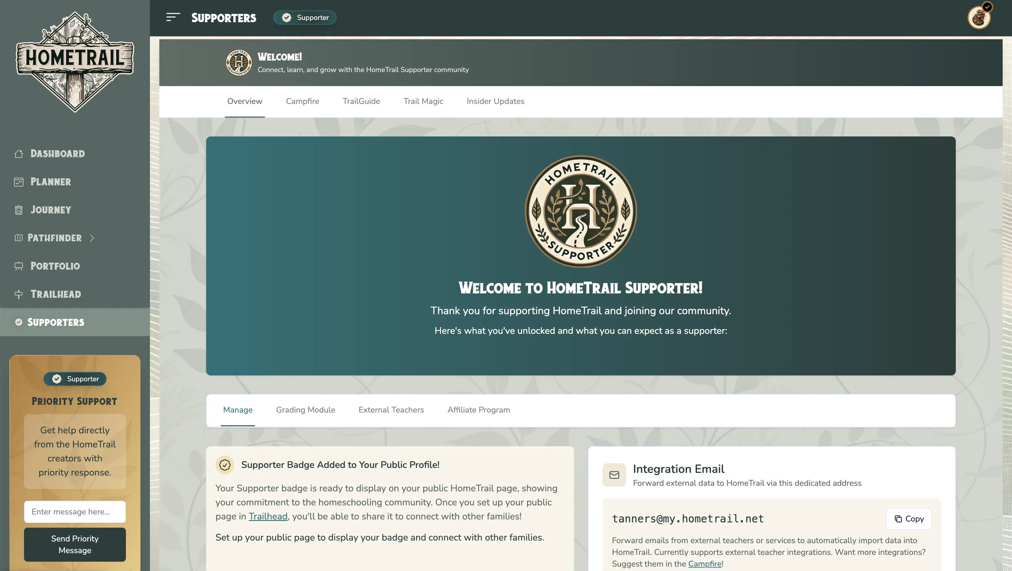 HomeTrail Supporter Hub dashboard showing the community campfire with active discussions, smart assistant chat interface, and achievement badges earned by the family